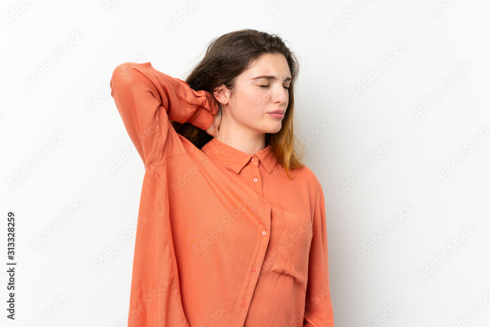 Young brunette girl over isolated white background with neckache Young brunette girl over isolated white background with neckache