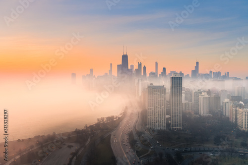 Chicago foggy sunrise