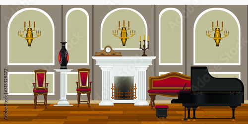 living room interior with fireplace and a large black piano