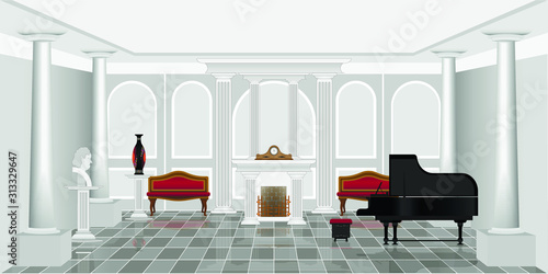 White living room with mirror reflection on the floor, grand piano and columns. The interior of the living room.