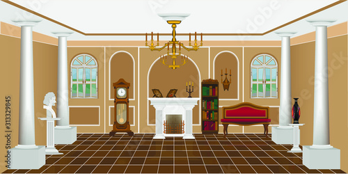 Antique living room interior with fireplace and columns.