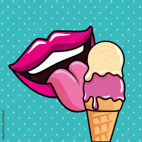 sexy mouth with tongue out and ice cream pop art style icon vector illustration design