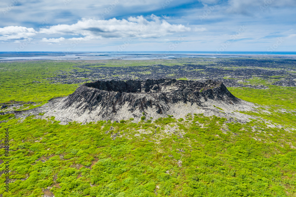 Aerial drone view of Crater Eldborg in Iceland
