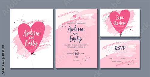 Wedding invitation card with abstract pastel pink background and cute balloon...