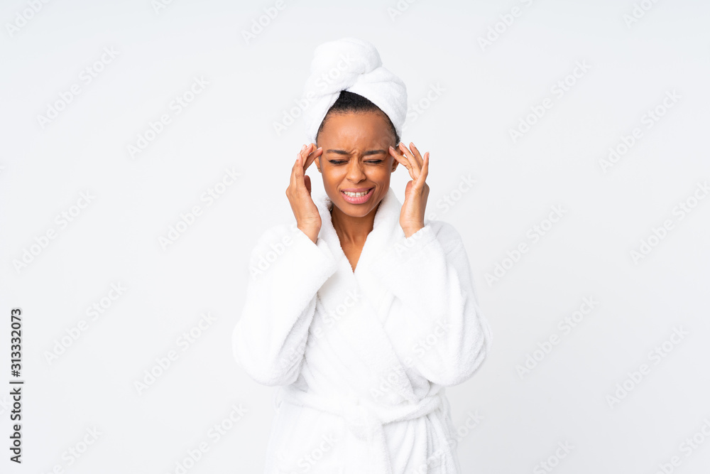 African american woman in a bathrobe over isolated background unhappy and frustrated with something. Negative facial expression African american woman in a bathrobe over isolated background unhappy and frustrated with something. Negative facial expression