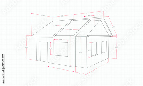 Technical drawing of a house in section with red pointers, on a notebook sheet