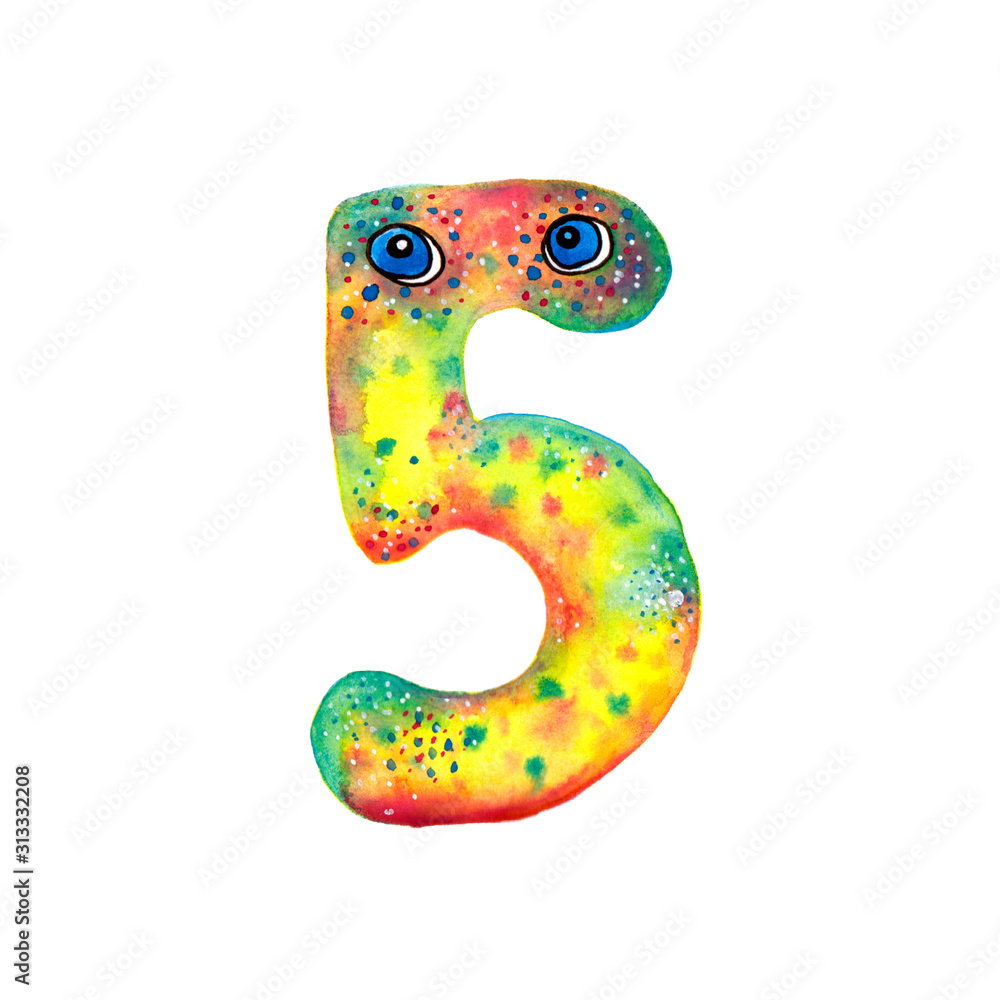 Fototapeta premium Hand drawn watercolor number 5 with eyes isolated on white background. Dinosaur style symbol for birthday party and other events. Monster number five.