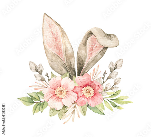 Obraz na płótnie Watercolor botanical illustration. Spring bouquet with Pink dog-rose blossom, willow and bunny ears. Gentle rose, bud, branches, green leaves. Perfect for invitations, greeting cards, posters, packing