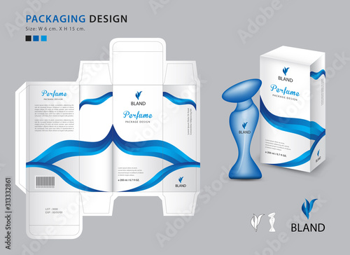 Packaging perfume template, box, product design creative idea template for cosmetics, bottle, Blue wave graphic concept,  box design, packaging design template vector illustration