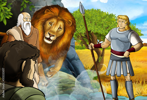 Fototapeta Naklejka Na Ścianę i Meble -  cartoon scene with greek or roman warrior or philosopher fighting nemean lion