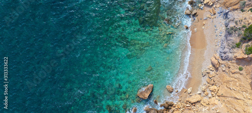 Aerial drone ultra wide photo of tropical  exotic turquoise open ocean island bay