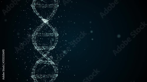 Dna disorder concept. Abstract dna strand structure on damage process, tiny parts are slowly flowing away. DNA 3d rendering video.