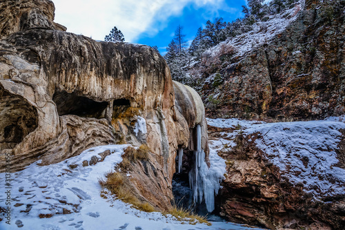 Beautiful Jemez Soda Dam under a layer of snow, Valles Caldera, New Mexico, United States