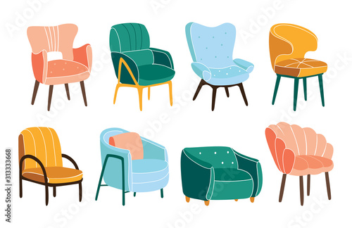 Comfortable armchairs vector bundle. Collection of stylish comfy furniture.
