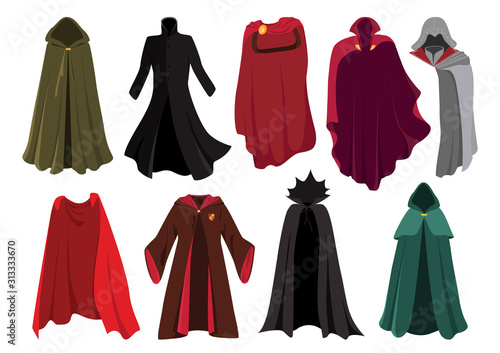 Vector set of cloaks. Cloaks party clothing and capes costume set. 