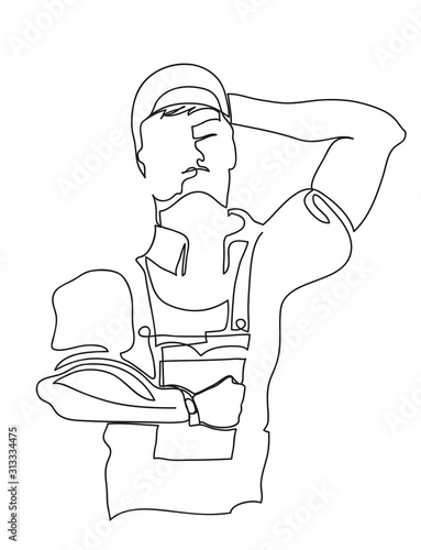 One continuous line drawing of strong but tired foreman. Simple line art drawing of foreman holding notepad.