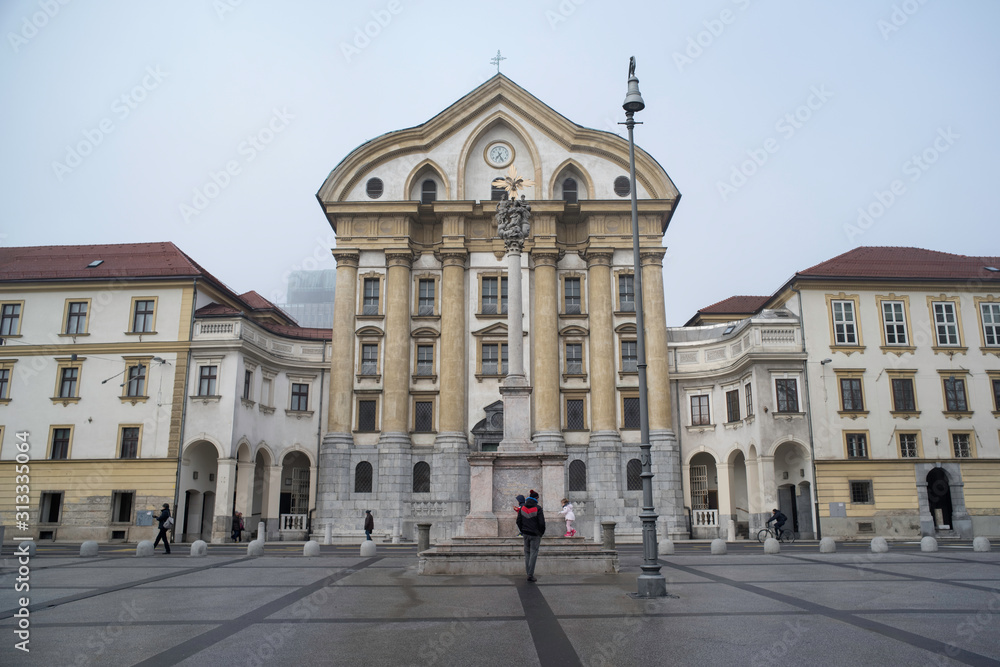 View of Ursuline Church of the Holy Trinity at morning in Ljubljana