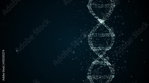 Abstract glittering DNA helix with depth of field rotating over dark space background, then fades away. photo