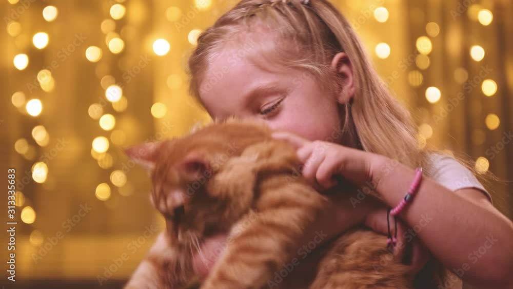 Happy little girl hugging her red cat at home Happy little girl hugging her red cat at home