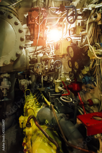 Dashboard, valves and appliances in old decommissioned Russian diesel submarine