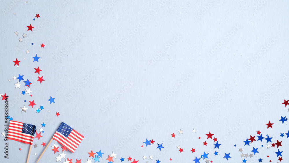 Happy Presidents Day banner mockup with American flags and confetti. USA Independence Day, American Labor day, Memorial Day, US election concept. Happy Presidents Day banner mockup with American flags and confetti. USA Independence Day, American Labor day, Memorial Day, US election concept.