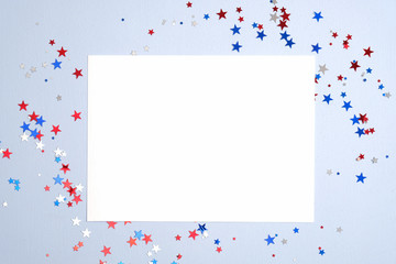 Independence day USA banner mockup with confetti stars in American national colors and blank paper card. USA Presidents Day, American Labor day, Memorial Day, US election concept.