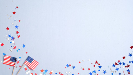 Happy Presidents Day banner mockup with American flags and confetti. USA Independence Day, American Labor day, Memorial Day, US election concept.