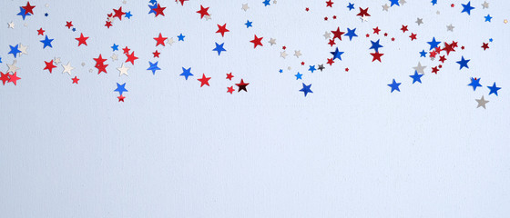 Happy Presidents Day banner mockup with confetti stars. USA Independence Day, American Labor day, Memorial Day, US election concept.