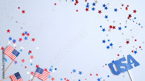 Happy Presidents Day banner mockup with American flags and confetti. USA Independence Day, American Labor day, Memorial Day, US election concept.