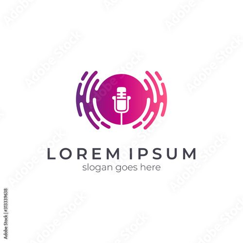 Microphone/podcast logo design with sound wave shape. Music studio, radio streaming, song recording logo template