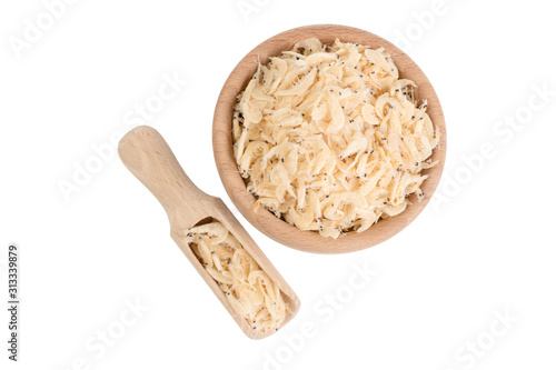 dried prawns in wooden bowl and scoop isolated on white background. food ingredient.