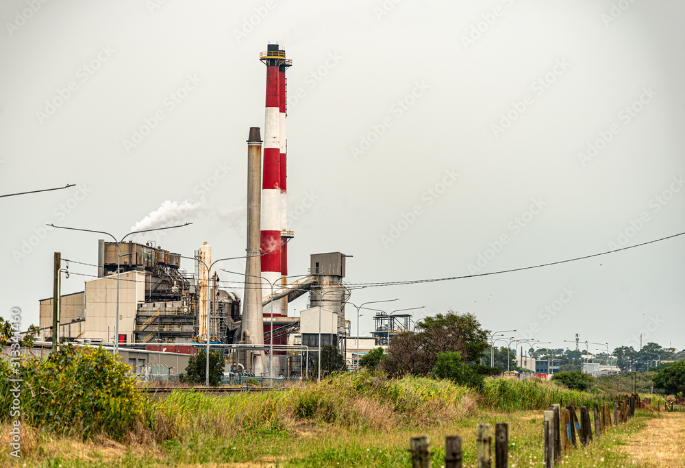 red and white smoke exhaust stacks from the Chemical plant