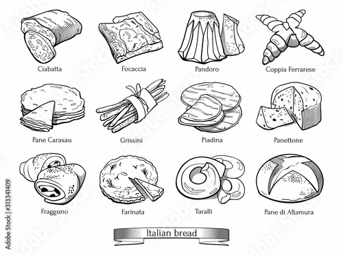 Collection of traditional Italian types of bread. Hand drawn sketch in doodle style.