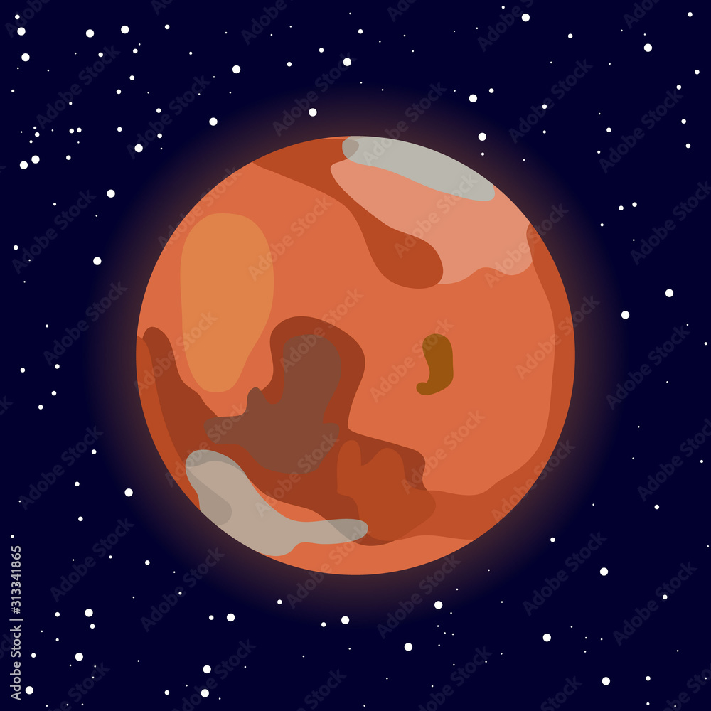 Fototapeta premium Mars. Red planet illustration on star background. Solar system. Astronomy. Drawing in cartoon flat style.