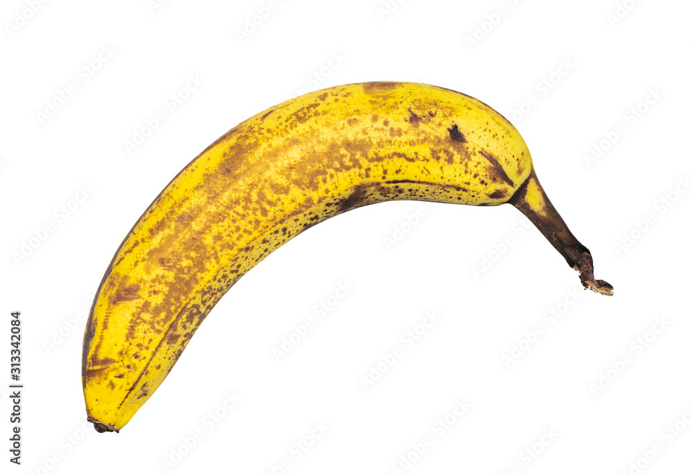 Old Unpeeled Banana Isolated on White Background, Ripe Tropical Fruit Ready to be Eaten