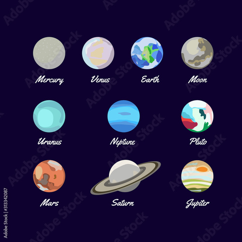 Planets of solar system. Mars. Earth. Neptune. Uranus. Saturn. Venus. Mercury. Pluto. Jupiter. Moon. Planet icon set. Cartoon flat drawing.