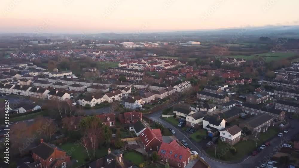 WELLINGTON, SOMERSET, UNITED KINGDOM, December 30, 2019: Panoramic aerial view of Wellington town center. WELLINGTON, SOMERSET, UNITED KINGDOM, December 30, 2019: Panoramic aerial view of Wellington town center.
