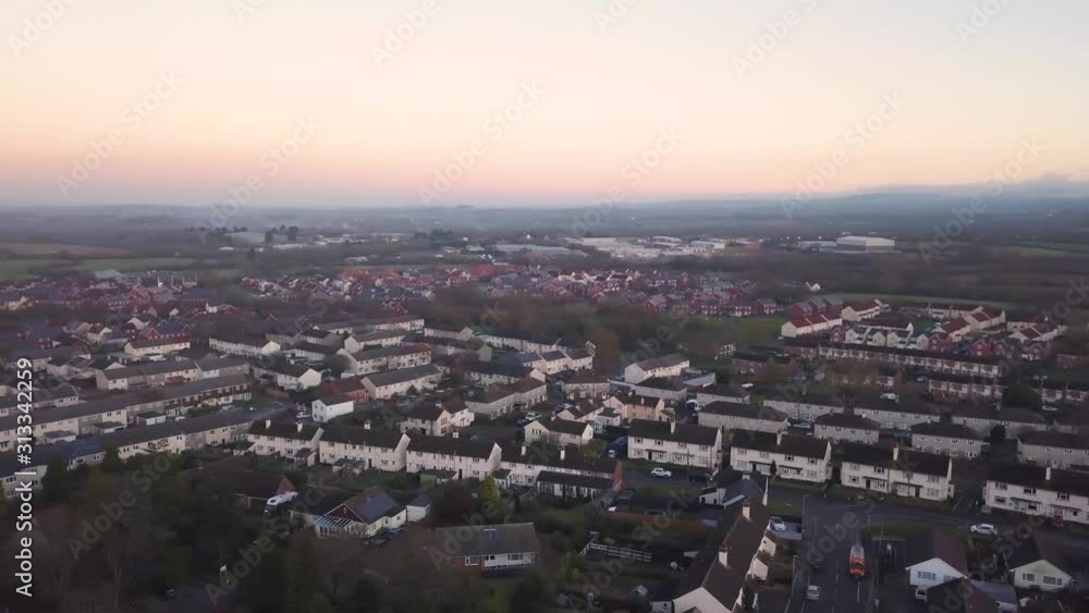 WELLINGTON, SOMERSET, UNITED KINGDOM, December 30, 2019: Panoramic aerial view of Wellington town center. WELLINGTON, SOMERSET, UNITED KINGDOM, December 30, 2019: Panoramic aerial view of Wellington town center.