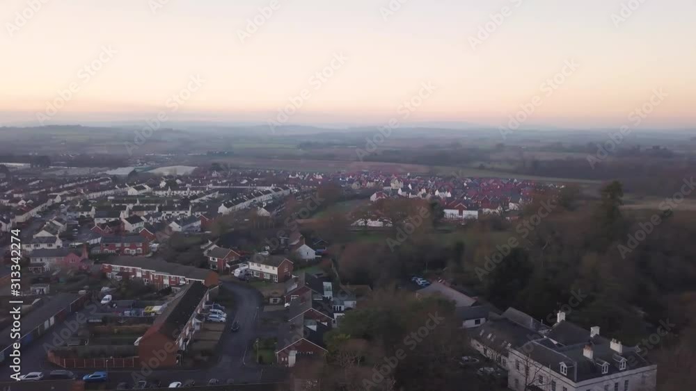 WELLINGTON, SOMERSET, UNITED KINGDOM, December 30, 2019: Panoramic aerial view of Wellington town center. WELLINGTON, SOMERSET, UNITED KINGDOM, December 30, 2019: Panoramic aerial view of Wellington town center.