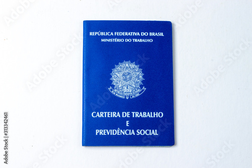 Carteira de Trabalho Brasileira, CLT, INSS, FGTS, no fundo branco, centralizado  photo