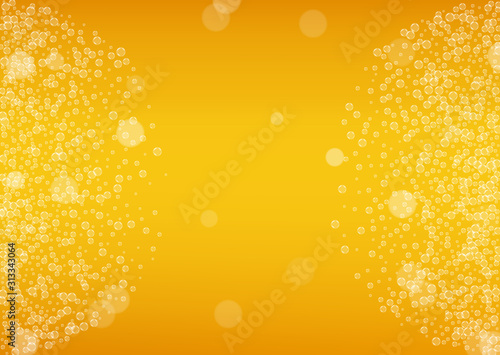 Beer foam. Craft lager splash. Oktoberfest background. pub flyer design. Pour pint of ale with realistic white bubbles. Cool liquid drink for Yellow mug with beer foam.