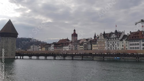 Lucerne, Switzerland - April, 2019 - Medium shot of Chapel Bridge (Kapellbrucke). photo