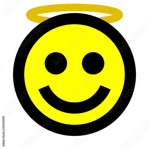 Smiley - angel - black outline, yellow theme - vector