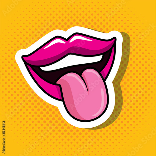 sexy mouth with tongue out in background yellow pop art style design