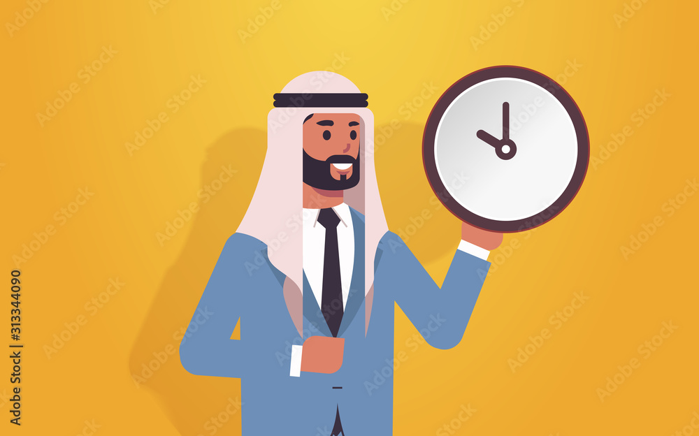 arab man holding clock time management deadline concept arabic business man with alarm clock male cartoon character portrait horizontal vector illustration