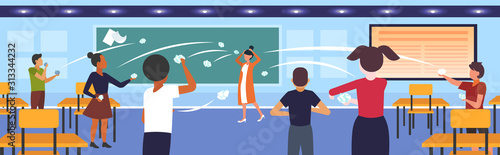 pupils demonstrating bad behavior throwing papers mocking and teasing female teacher during lesson bullying public disapproval concept school classroom interior horizontal vector illustration