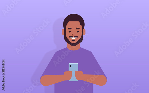 man holding cellphone african american guy using smartphone mobile app social media communication concept male cartoon character portrait horizontal vector illustration