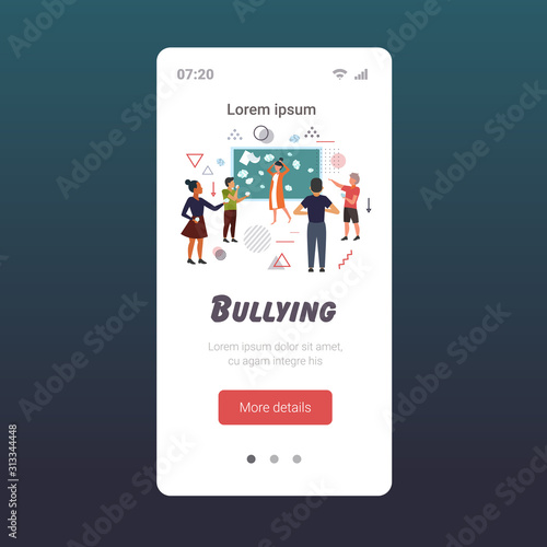 pupils demonstrating bad behavior throwing papers mocking and teasing female teacher near chalkboard during lesson bullying public disapproval concept smartphone screen mobile app vector illustration