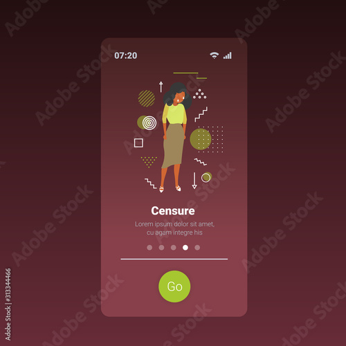 depressed businesswoman being bullied upset african american girl violence victim of bullying mocking public disapproval scapegoat censure concept smartphone screen online mobile app copy space vector