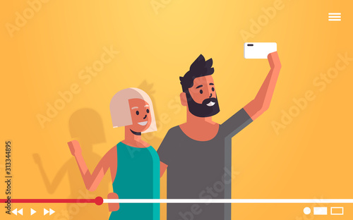 couple using cellphone man woman taking selfie photo on smartphone camera live video streaming broadcast social media networking concept portrait horizontal vector illustration